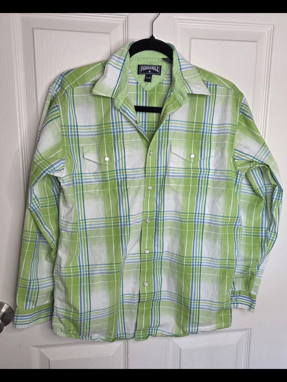 Vintage Panhandle Green and White Plaid Western Button-Down Shirt
